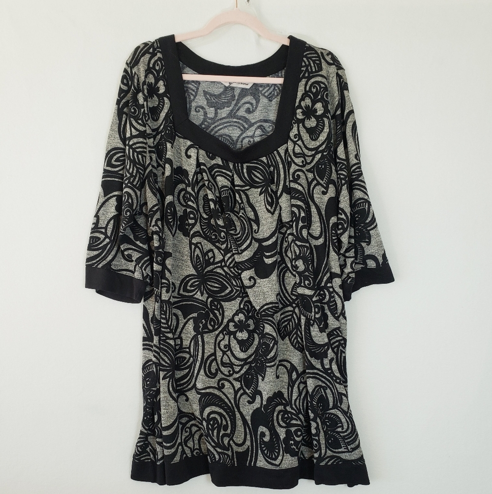 Romantic Goth Black/Gray Tunic Floral Paisley Thin Sweater Square Neck Day/Night